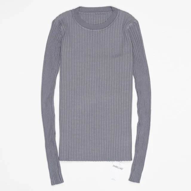 Women Sweater Pullover Basic Rib Knitted Cotton Tops Solid Crew Neck Essential Jumper Long Sleeve Sweaters With Thumb Hole