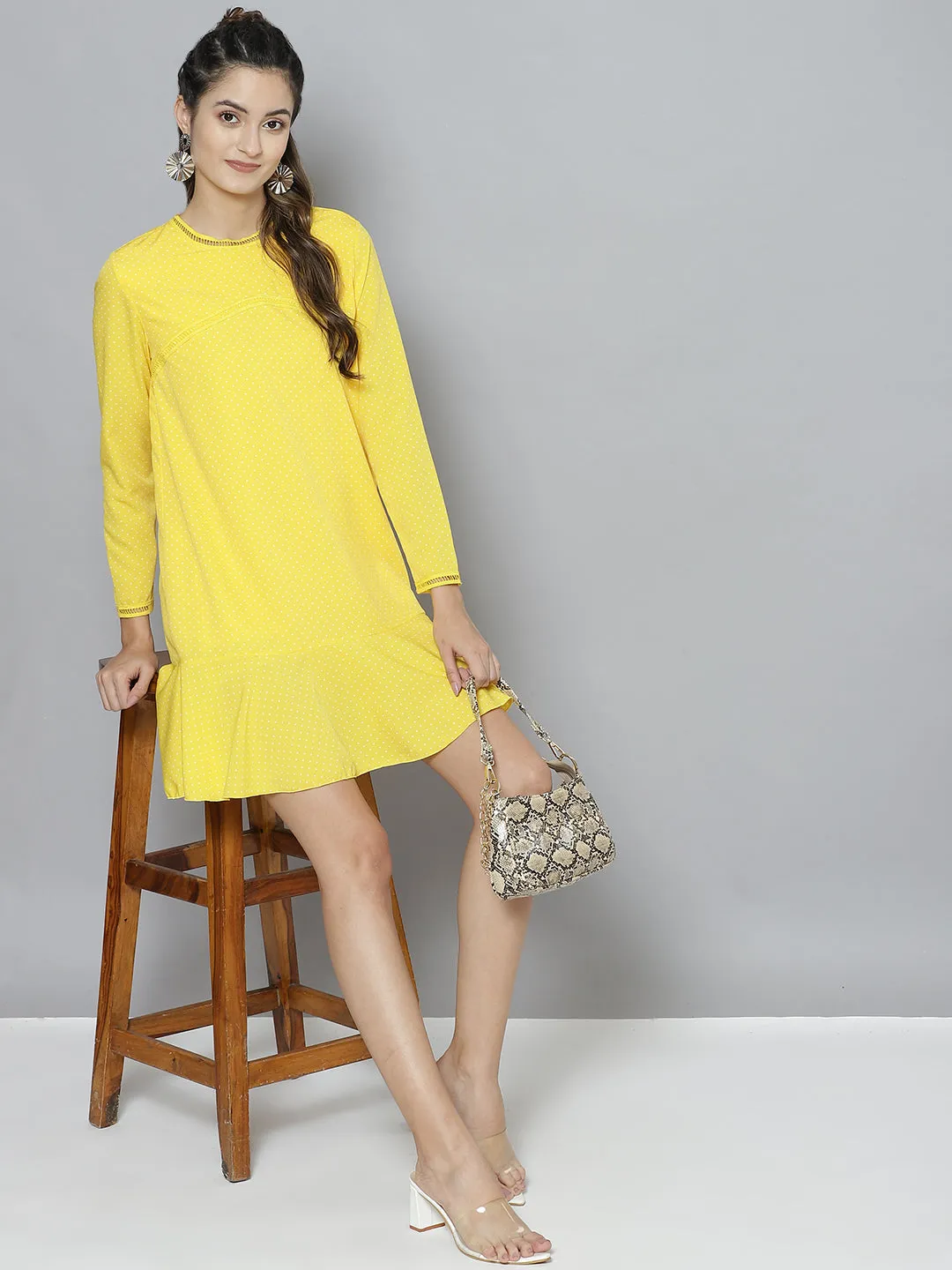 Women Yellow Pin Dot Frill Hem Dress