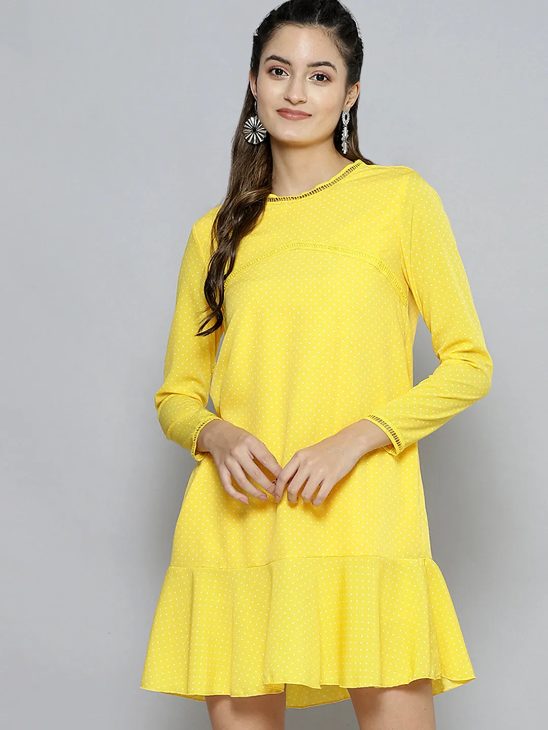 Women Yellow Pin Dot Frill Hem Dress