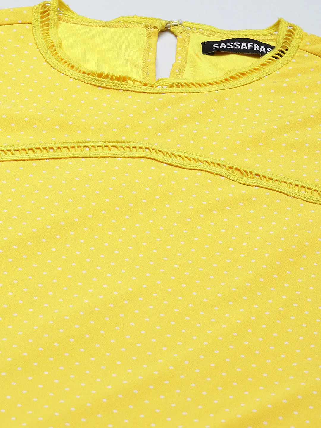 Women Yellow Pin Dot Frill Hem Dress