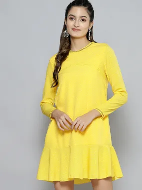 Women Yellow Pin Dot Frill Hem Dress