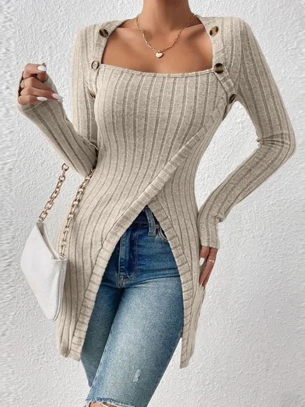 Women's Button Split Long Sleeve Sweater Square Collar Dress Shirt