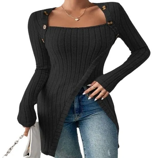 Women's Button Split Long Sleeve Sweater Square Collar Dress Shirt