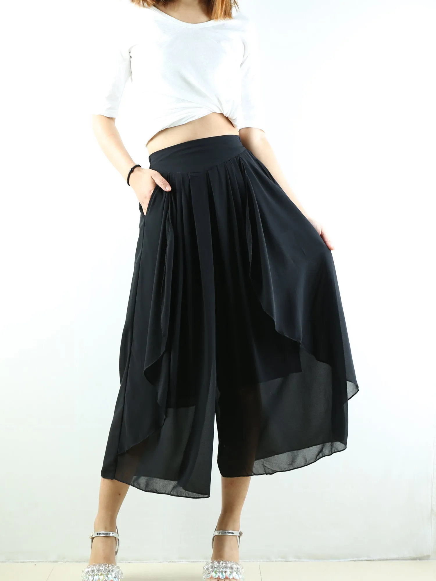 Women's chiffon yoga skirt pants/oversized pants/elastic waist pants/wide leg trousers(K1710)