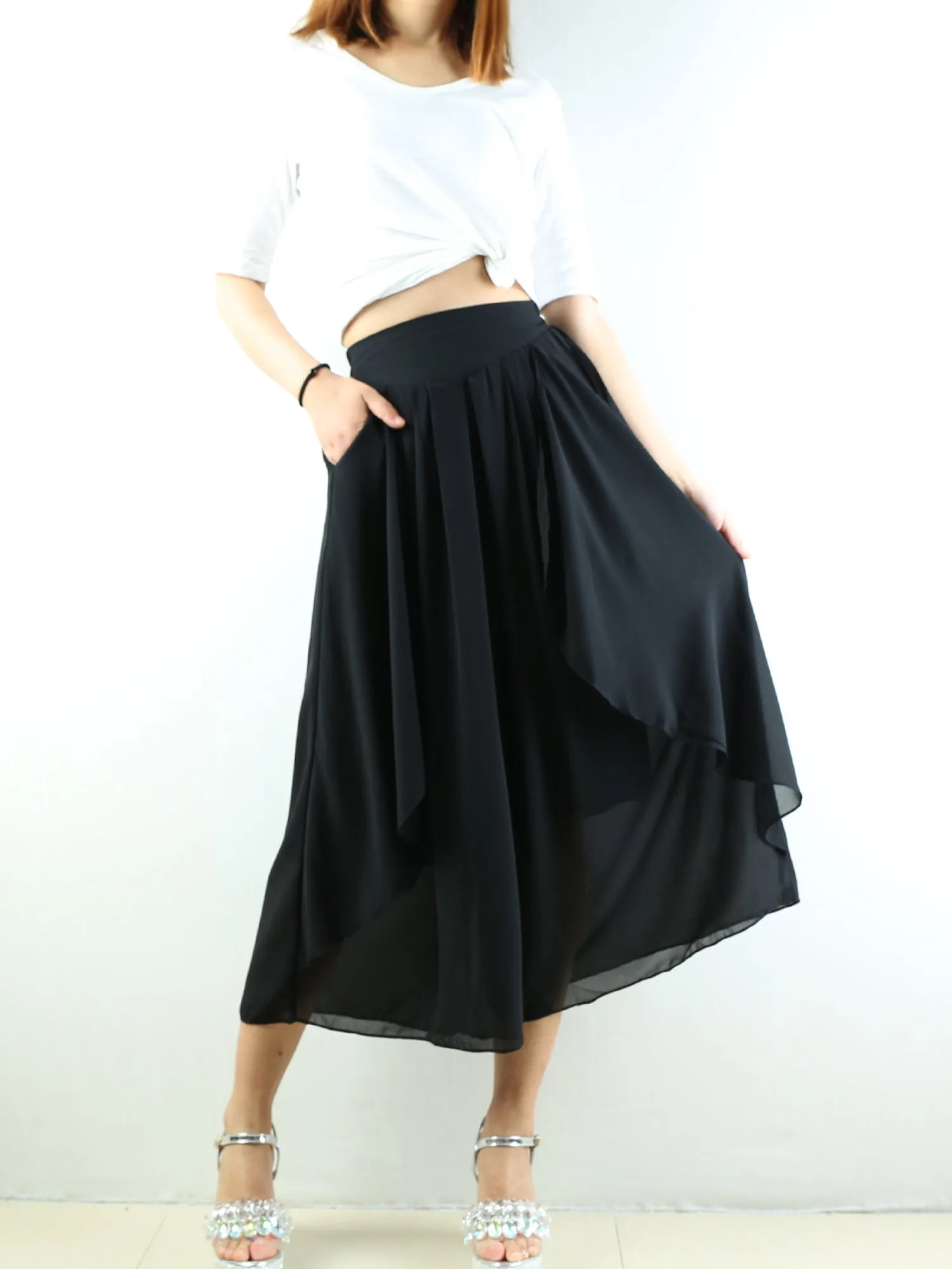 Women's chiffon yoga skirt pants/oversized pants/elastic waist pants/wide leg trousers(K1710)