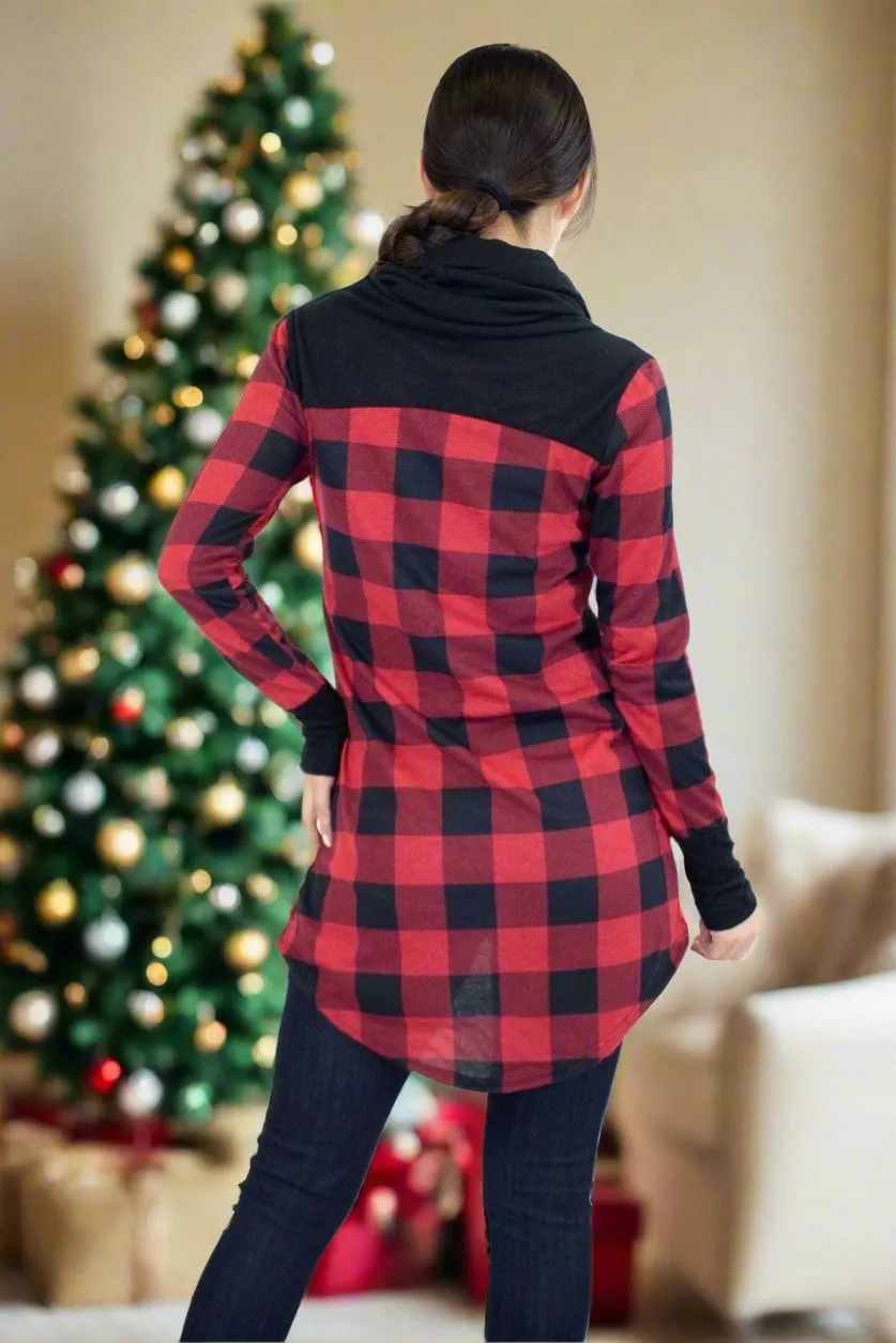 Womens Christmas Plaid Top, Long Sleeve Cowl Neck Shirt, Sizes S/M, Red/Black