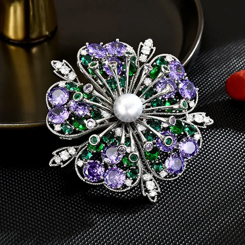 Women's Elagant Floral Colored Zircon Pearl Brooch