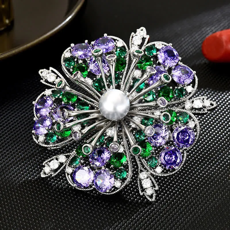 Women's Elagant Floral Colored Zircon Pearl Brooch