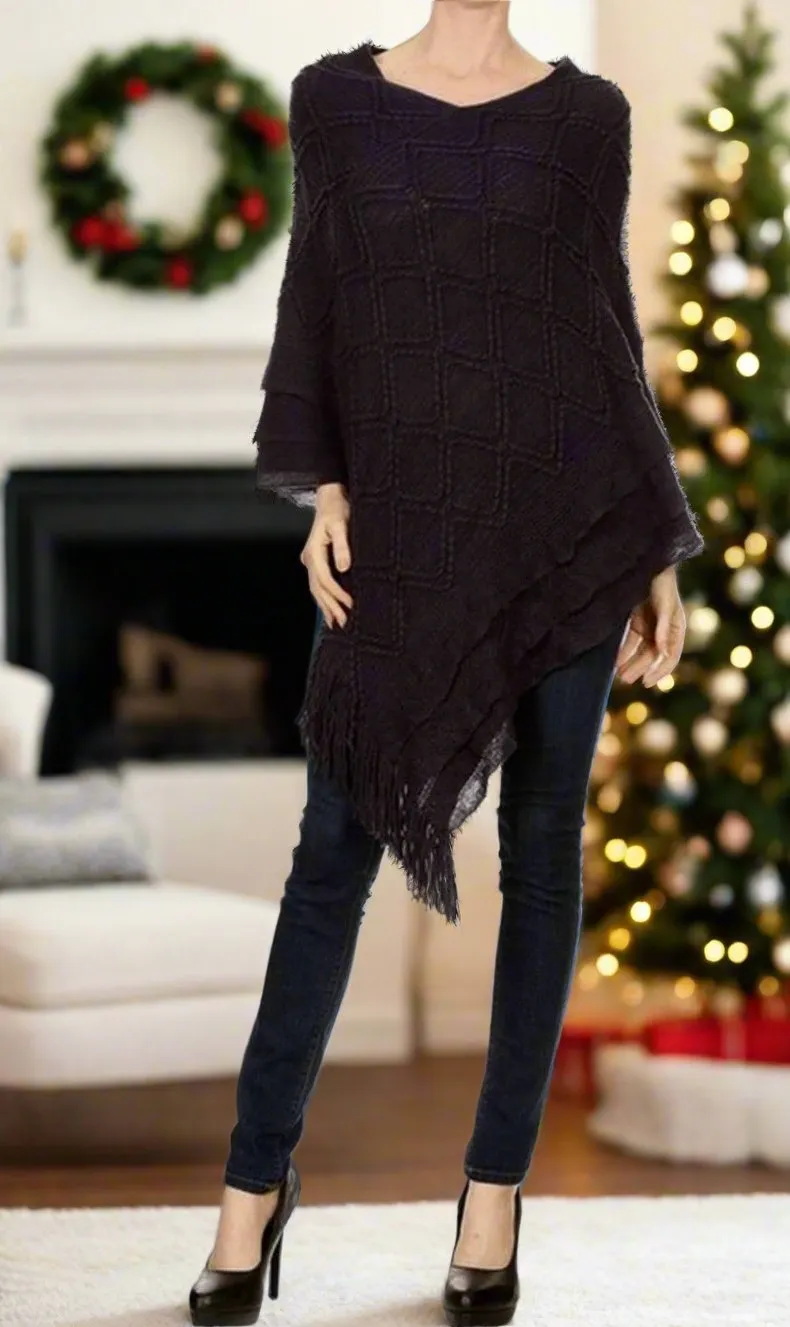 Womens Fringed Sweater Poncho, Pull Over Poncho, Cozy Sweater Shawl, Size OS, Solid Black