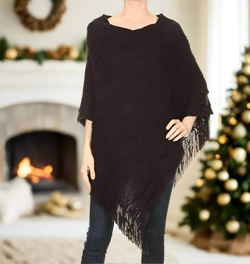 Womens Fringed Sweater Poncho, Pull Over Poncho, Cozy Sweater Shawl, Size OS, Solid Black