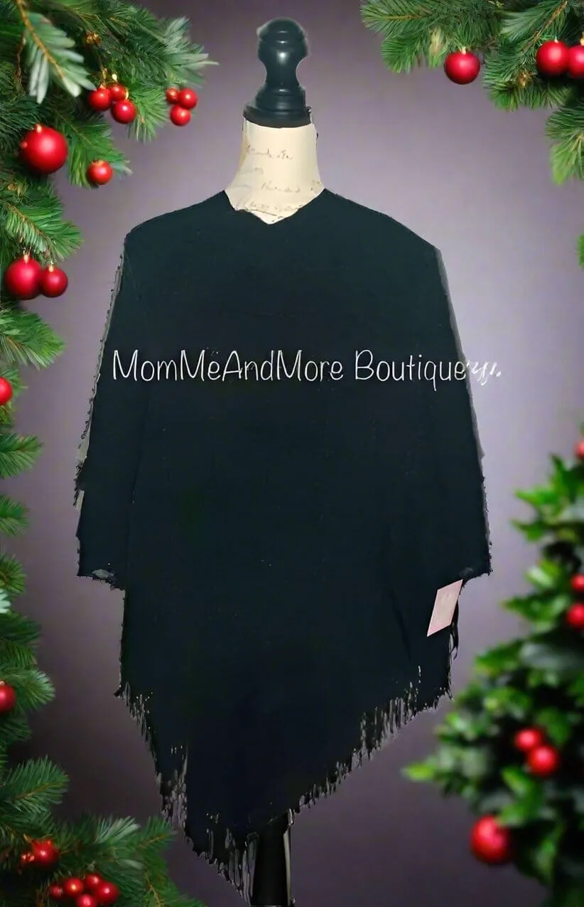 Womens Fringed Sweater Poncho, Pull Over Poncho, Cozy Sweater Shawl, Size OS, Solid Black