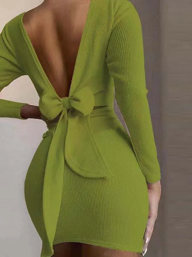 Women's Long Sleeve Backless Bow Mini Sweater Dress