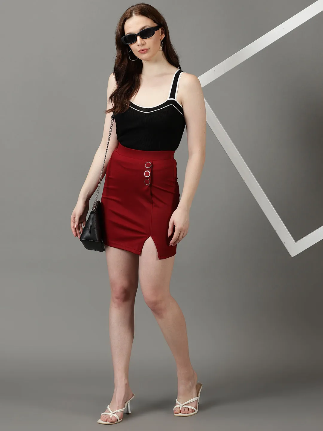 Women's Maroon Solid Pencil Skirt