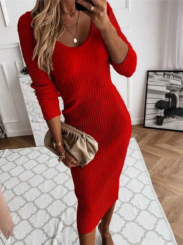 Women's Sweater Ruched Knit Midi Dress