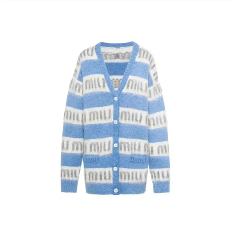 womens sweaters miumiu miumiu 23 new vneck stripe spliced letter maheimao knitted cardigan sweater coat for women