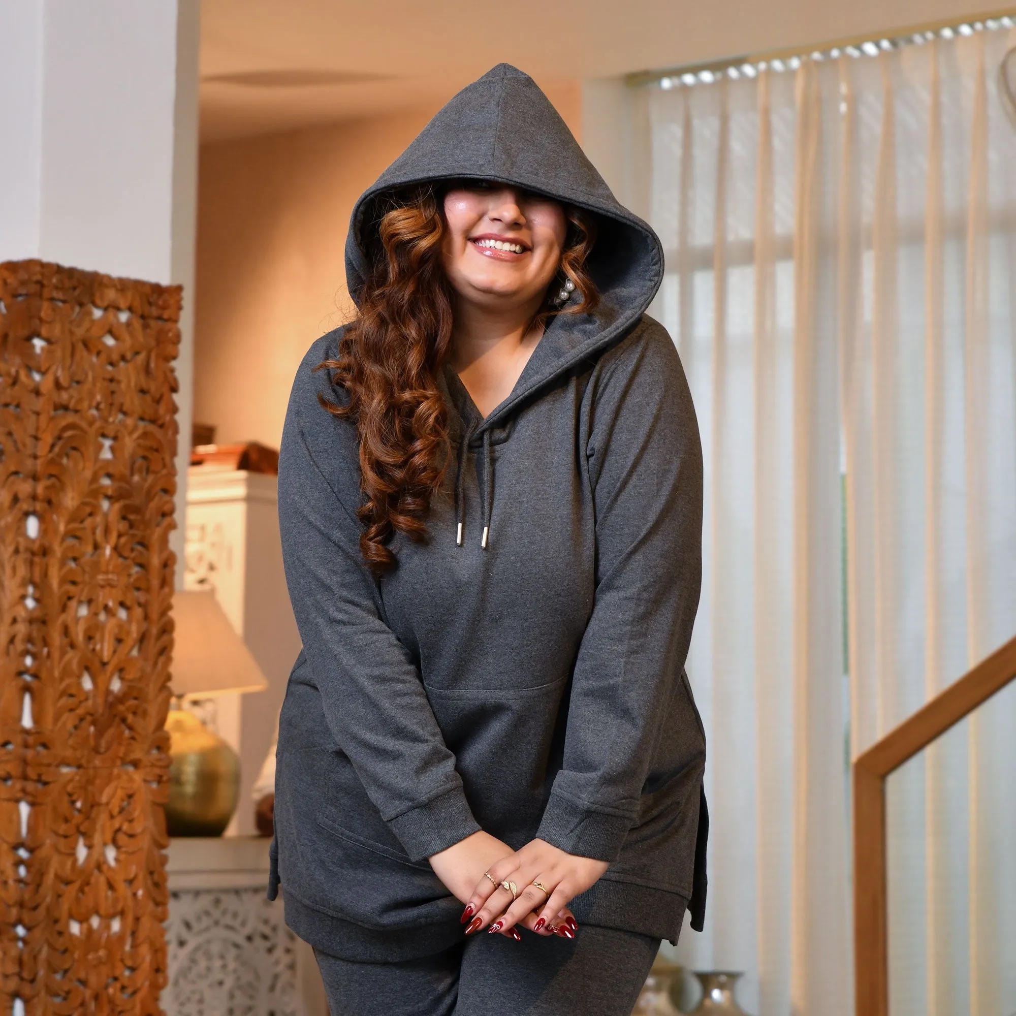 Woollen Fleece Pullover hoodie With Side Slits