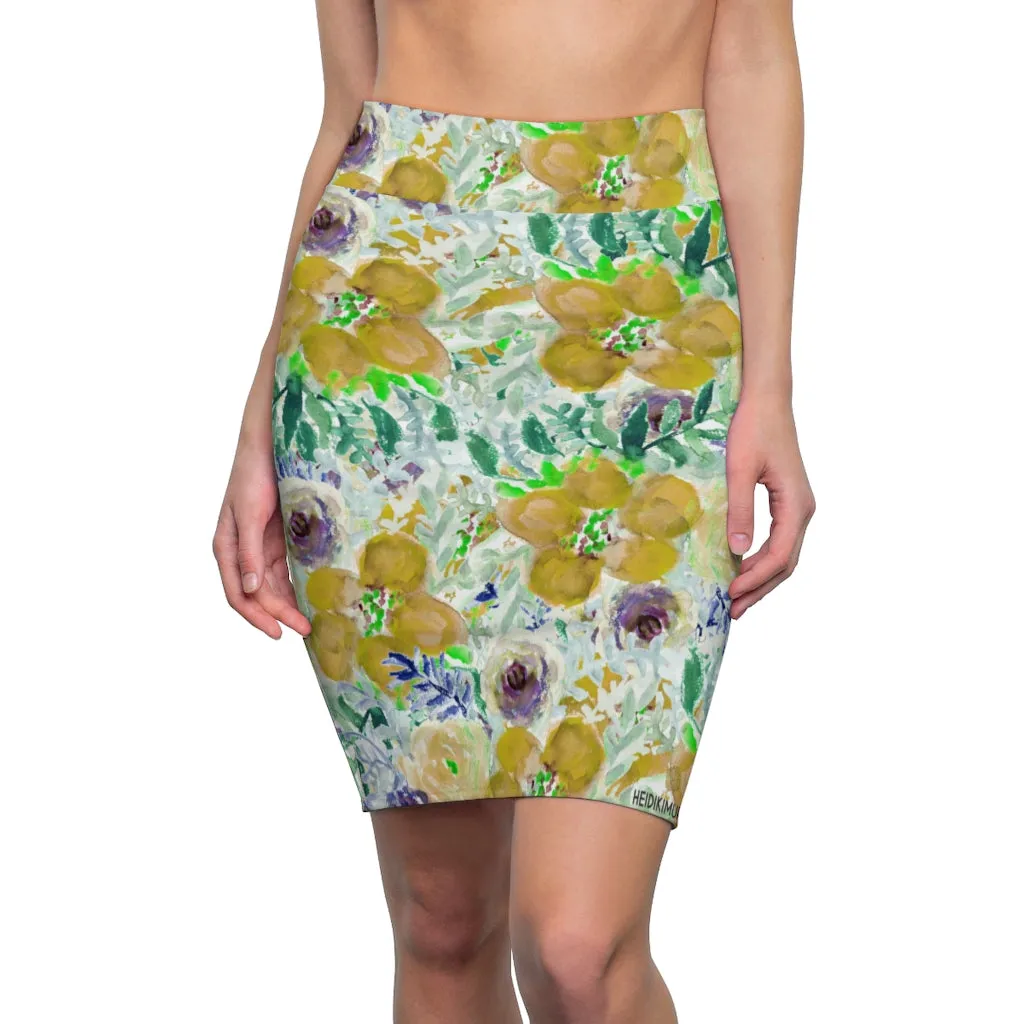 Yellow Floral Women's Pencil Skirt, Yellow Mixed Flower Printed Designer Skirt-Made in USA