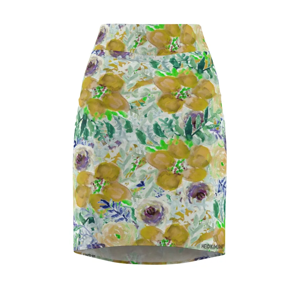 Yellow Floral Women's Pencil Skirt, Yellow Mixed Flower Printed Designer Skirt-Made in USA