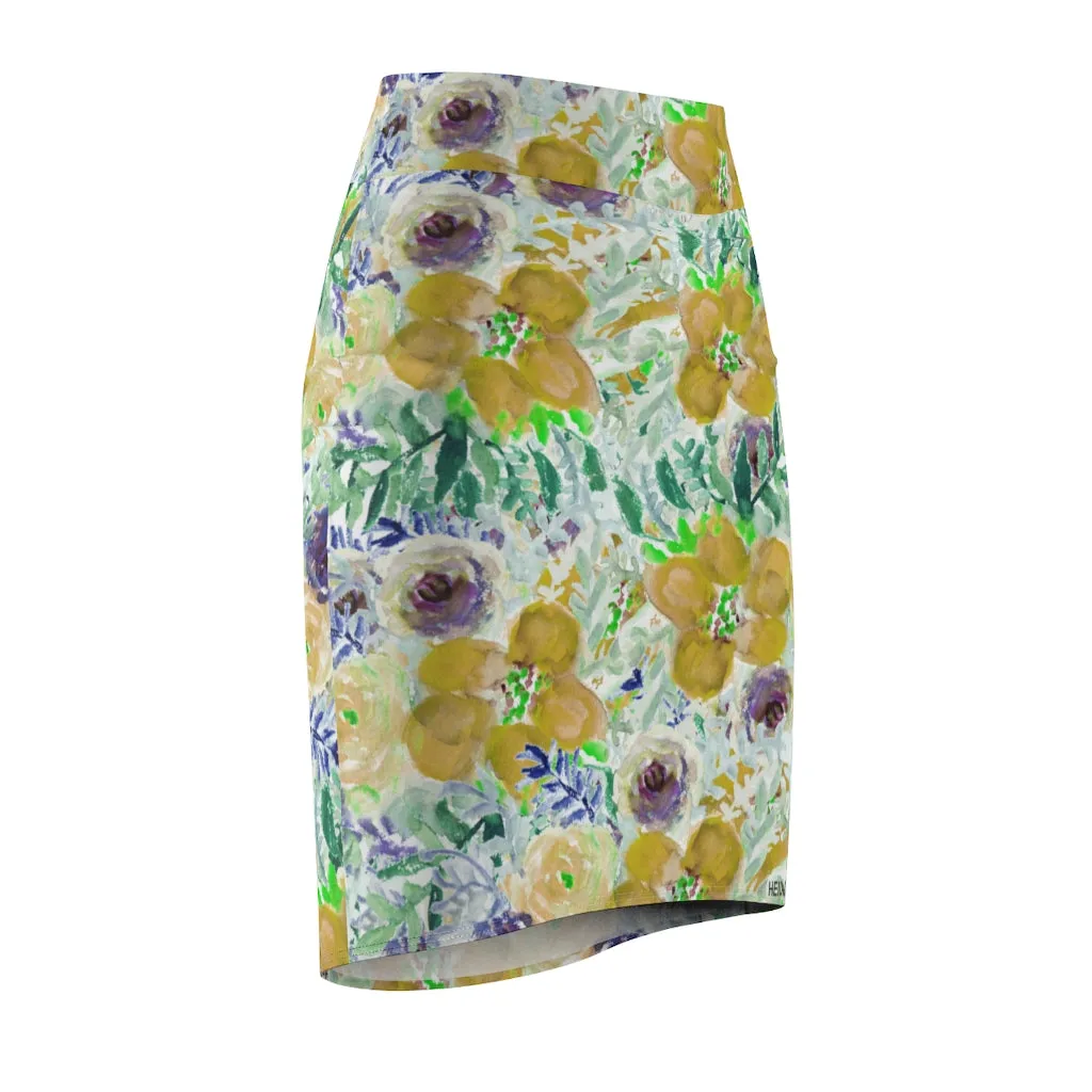 Yellow Floral Women's Pencil Skirt, Yellow Mixed Flower Printed Designer Skirt-Made in USA